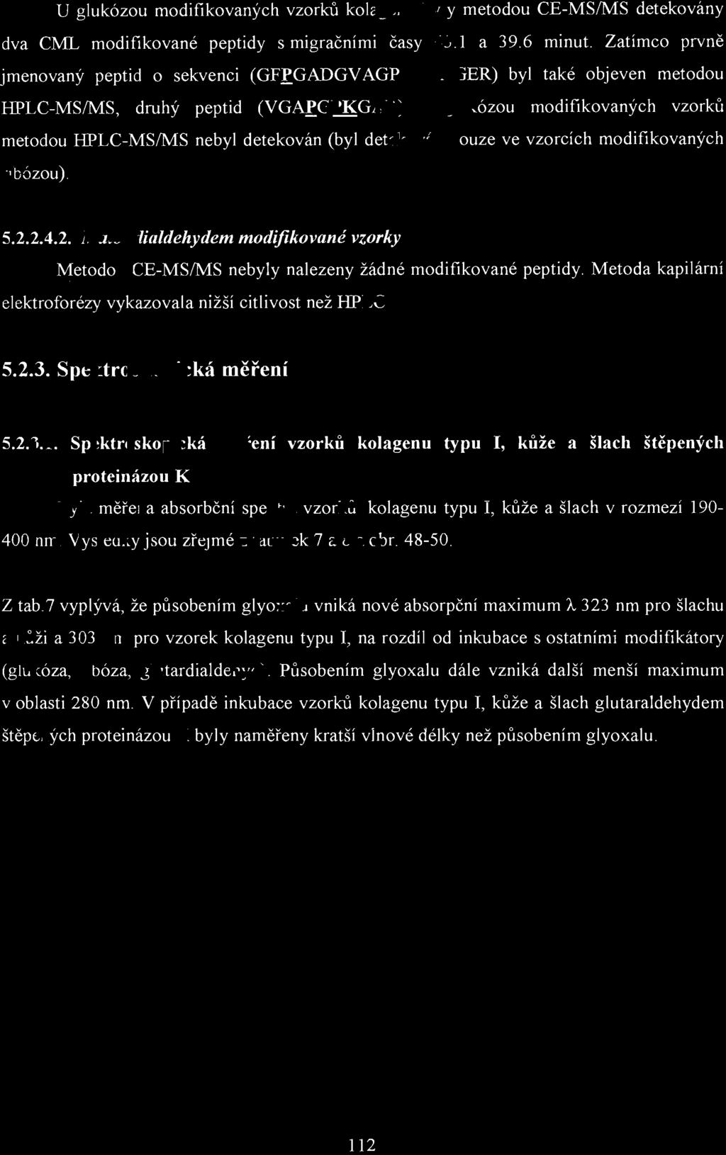 U glukózou modifikovaných vzorků kolagenu byly metodou CE-MS/MS detekovány dva CML modifikované peptidy s migračními časy 45.1 a 39.6 minut. Zatímco prvně jmenovaný peptid o sekvenci (GFf.
