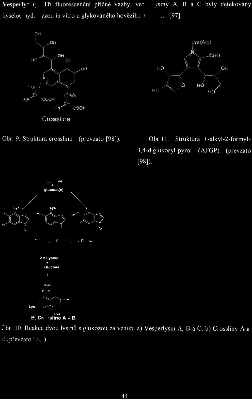 Vesperlysiny: Tři fluorescenční příčné vazby, vesperlysiny A, BaC byly detekovány kyselou hydrolýzou in vitro u glykovaného hovězíh o albuminu [97].!.i../r},:k 'C(<-:;.<H (TMÚ~ H:, N },: H ~' (!