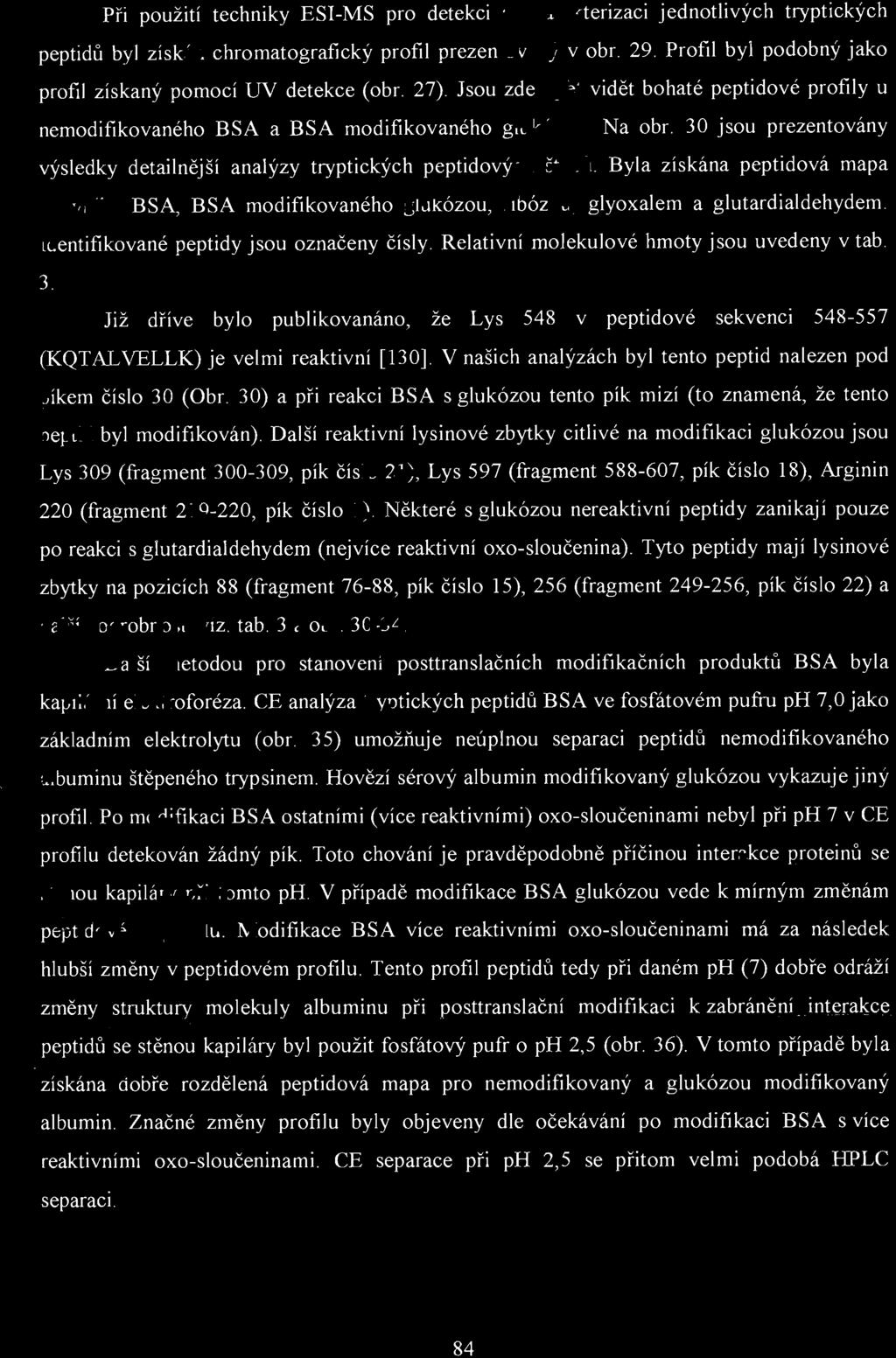 peptidů Při použití techniky ESI-MS pro detekci a charakterizaci jednotlivých tryptických byl získán chromatografický profil prezentovaný vobr. 29.