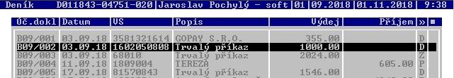 Aktualizační menu obsahuje tyto sloupce: JAPO Zlín, spol. s r. o., Přidělené číslo účetního dokladu: (písmeno rozlišující běžný účet - B, C, D...), číslo výpisu / řádek na výpisu.