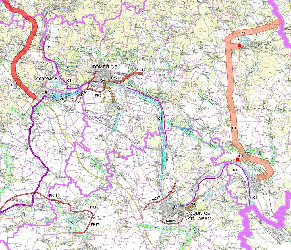 Dále byly vymezeny koridory cyklistické dopravy: Koridor cyklostezky Labská cyklostezka (trasa č. 2), sledovaný v ZÚR jako VPS - C1 (šířka koridoru 20m) v trase Libochovany Litoměřice.