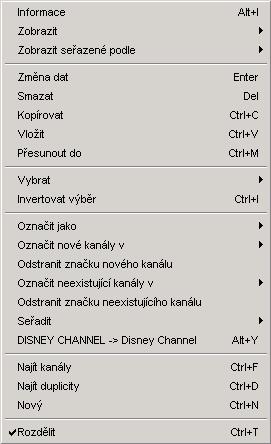 5.c Funkce kanálů Vyberte prosím kanály, které chcete editovat/upravit. Nejvíce možností funkcí získáte, kliknete-li pravým tlačítkem myši na seznam kanálů. Získáte tím místní nabídku seznamu kanálů.