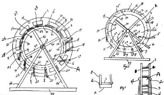 Autor popisuje navrhovanou konstrukci v následujících termínech: Stroj je dynamická nevyvážený gravitace kolo.