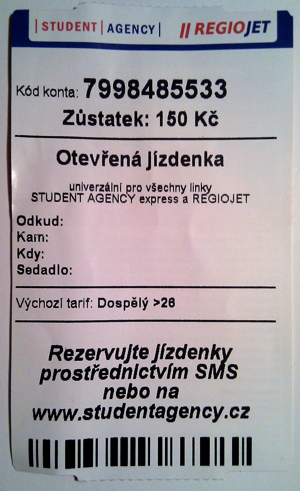 Autobusové jízdenky společnosti Student Agency se dělí na dva druhy. Rozlišujeme jízdenky otevřené (Obr. 2 a obr. 3) a kreditové jízdenky (Obr. 4 a obr. 5). Obr. 2: Kreditová jízdenka zepředu Obr.