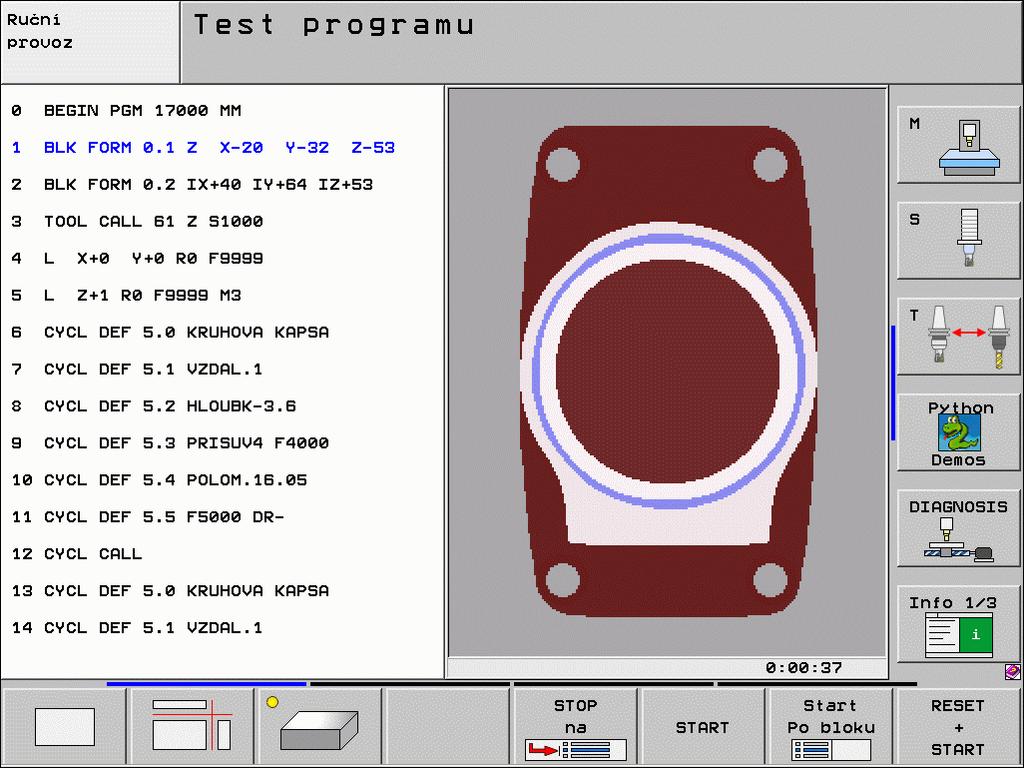 Testovací grafika a grafika průběhu programu Grafika a indikace stavu Zvolte rozdělení obrazovky GRAFIKA nebo PROGRAM+GRAFIKA!