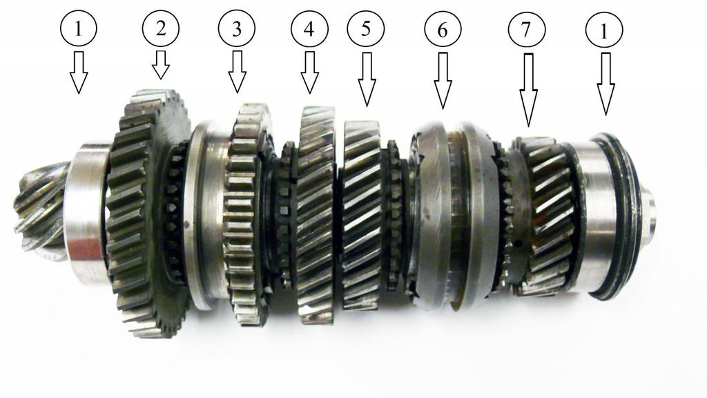 3 Hnané kolo převodovky 1. ložiska pastorku, 2. kolo prvního rychlostního stupně, 3. synchronizační spojka prvního a druhého rychlostního stupně, 4.