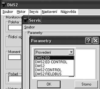 Servomotor přestavíme ručně nebo elektricky. Servomotor v provedení COTROL je možné spustit z menu MOTOR v programu DMS2.