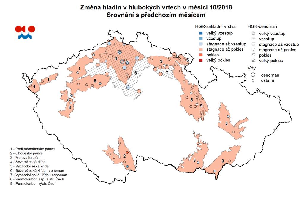 Mapa: Změna hladin v hlubokých vrtech v