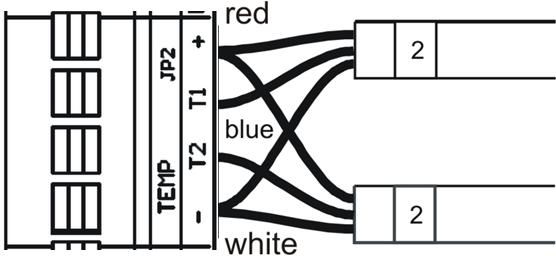 2.7 Zapojení teplotních čidel TP3, TP30 oba typy teplotních čidel jsou zapojeny ke svorce konektoru JP2 pomocí 3 drátů (viz ilustrace) je možné připojit až 2 teplotní čidla k jednomu zobrazovacímu