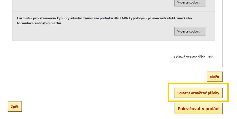 Obr. 19 Výmaz příloh Na konci stránky pro nahrání příloh je také informace o celkové velikosti všech vložených příloh k Žádosti o platbu.