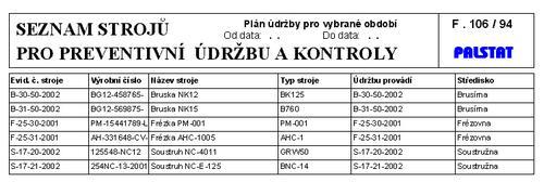 zařízení Funkce Přílohy Základní seznam klíčových strojů a zařízení Seznam obsahuje základní informace o stroji/zařízení: Evidenční číslo stroje Typ stroje Název stroje Datum vyrobení stroje Výrobní