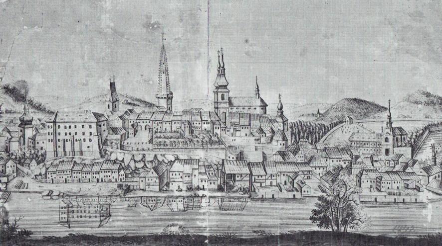 2. ZÁJMOVÁ OBLAST Obr. 2.4: Veduta Kadaně na přelomu 18. a 19. století [1] V letech 1746, 1750 a 1786 v Kadani hořelo. Ohněm byla zničena východní část náměstí od Katovy uličky po kostel Povýšení sv.