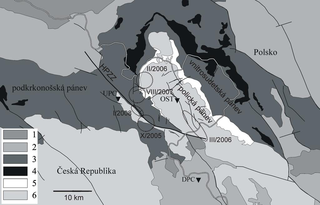 Obr. 1 Geologie a tektonická stavba studované oblasti (podle Biely et al., 1968, Cymerman, 2004).