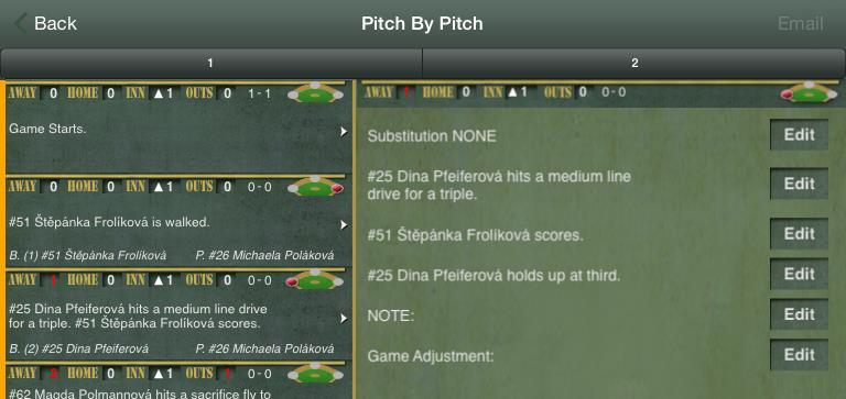 Opravy chyb Pitch By Pitch dovoluje zobrazit kompletní detaily o zápase nadhoz po nadhozu. Zde lze prohlížet jednotlivé akce nebo opravit a napravit chybičky.