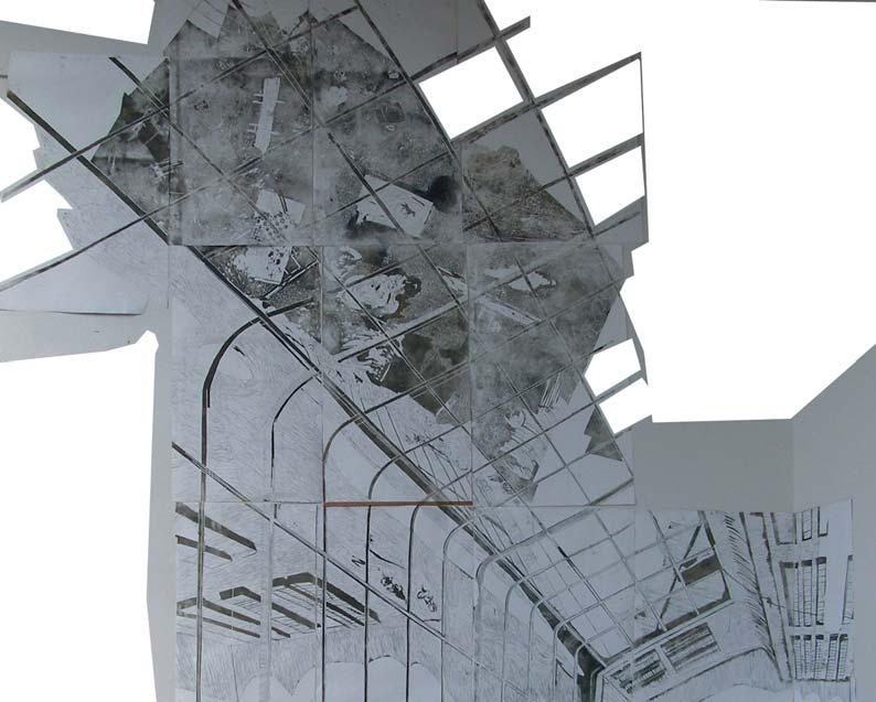 Ateliér / 2008 grafi ka linoryt / tisk na papíře a matrice z lina / velikost asi 5,2 x 5 m + matrice tištěných grafi k na zemi je to impulsivní grafika, rytá, škrábaná, vykousávaná do lina,