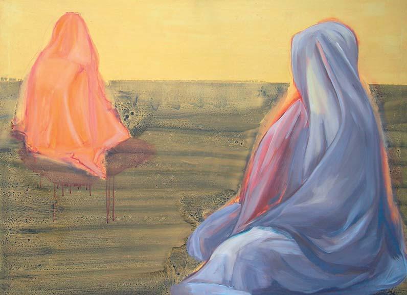 Y EVA SPĚVÁČKOVÁ a Z cyklu Dva (Alžířanky), tempera a olej na plátně, 110x145, 2008 kružnic, popřípadě trojúhelníků. Buddha byl dle kánonu centrován dovnitř.