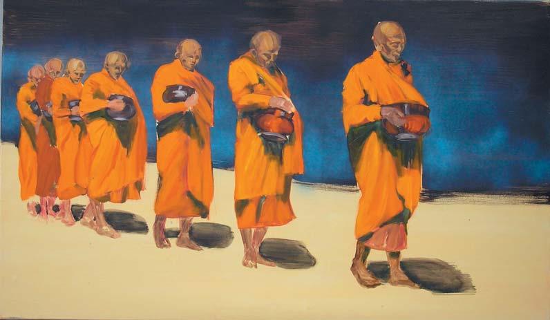a Obřad, tempera a olej na plátně, 85x145, 2008 barevné a kompoziční záběry. Jejich pestrost evokovala hravost, která se mi v obrazech záhy objevila.