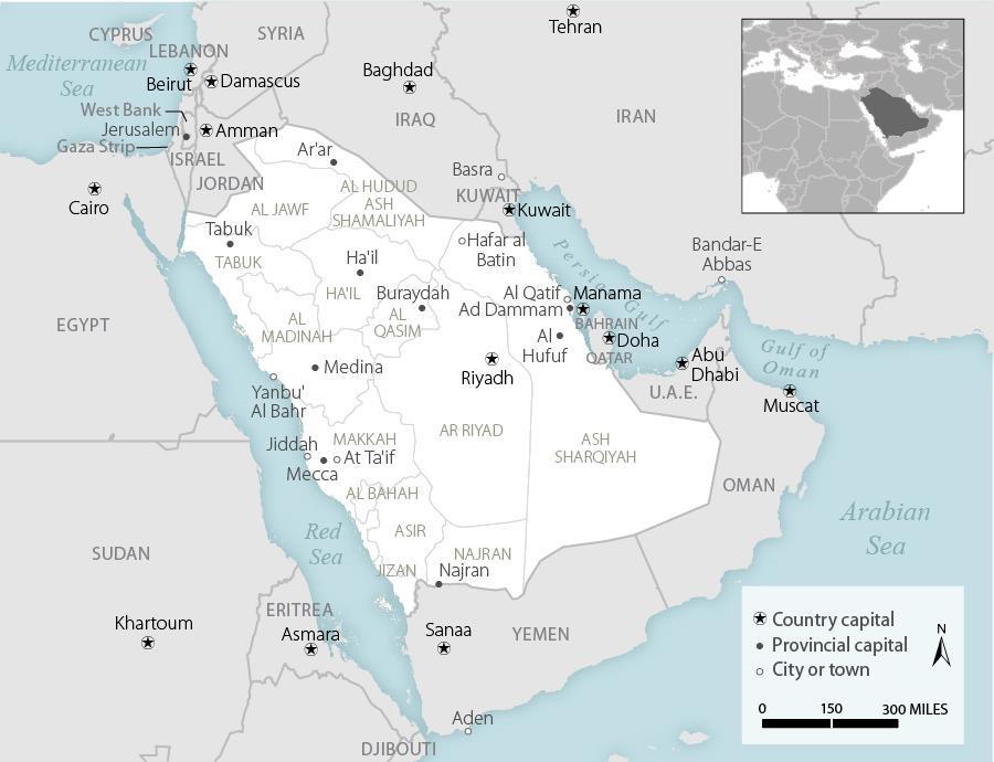 4. Mapa Saudské Arábie a základní data Land: Area, 2.15 million sq. km. (more than 20% the size of the United States); Boundaries, 4,431 km (~40% more than U.S.-Mexico border); Coastline, 2640 km (more than 25% longer than U.