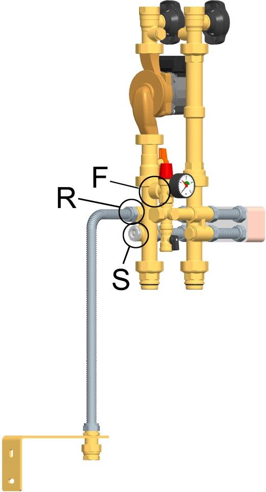 7. Nainstalujte pancéřovou hadici pro připojení expanzní nádoby do sekundárního okruhu (dvojitá vsuvka 3/4", R). Připevněte držák pro expanzní nádobu. 8.