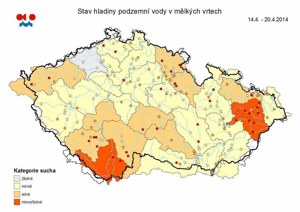 Mapa ukazuje vyhodnocení kategorie sucha ve sledovaných vrtech a oblastech povodí dle pravděpodobnosti překročení úrovně hladin v daném kalendářním měsíci v referenčním období 1981-2010 (viz text).