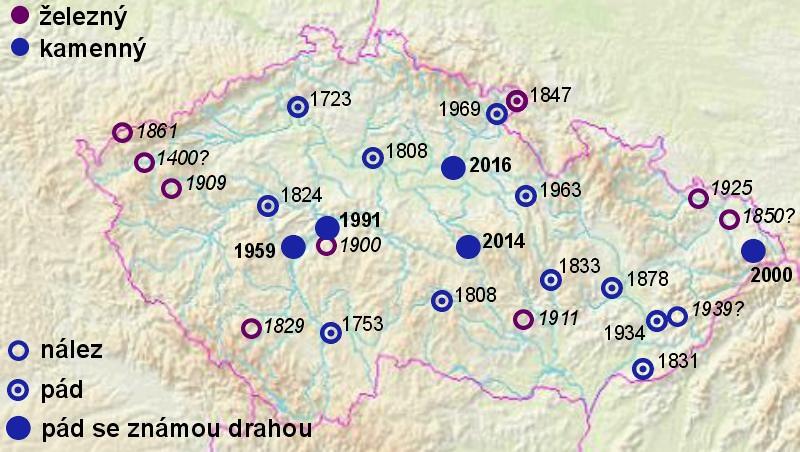 Meteority nalezené v českých zemích celkem 25, z toho 16