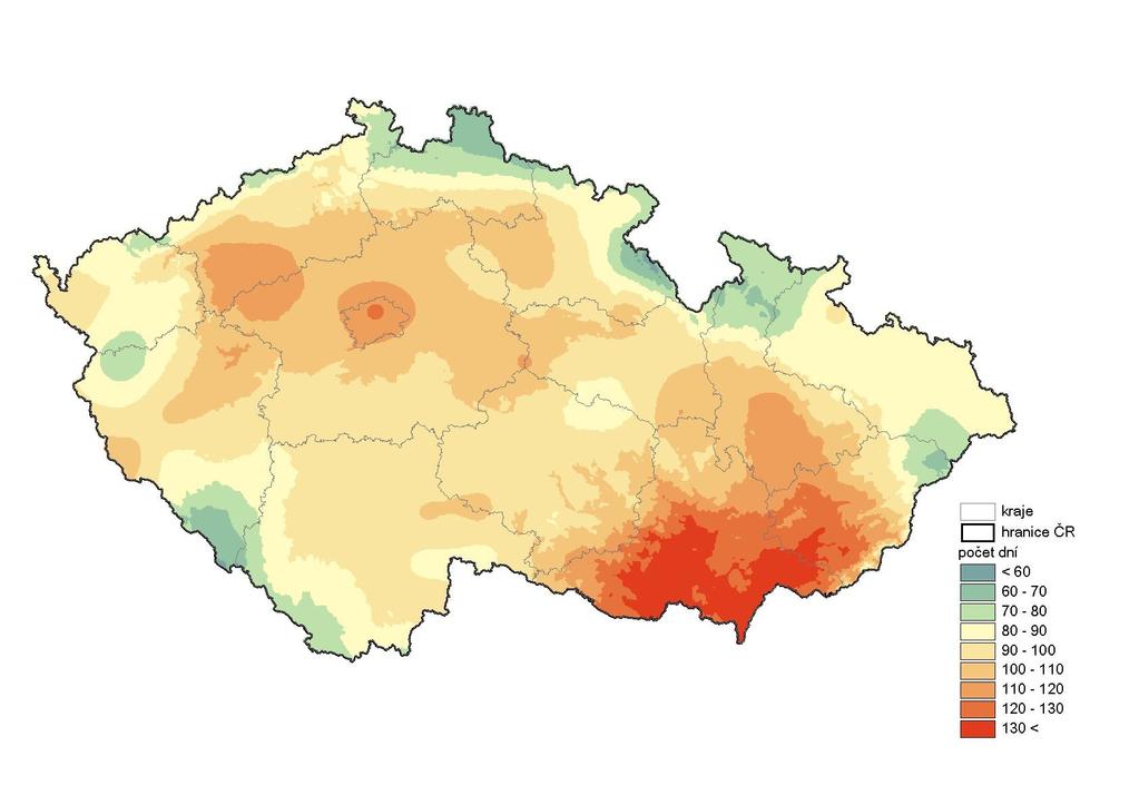 Počet dnů bezesrážkového období na území ČR, scénář podle modelu ALADIN-CLIMATE/CZ (1961-1990) (2040-2069) (2010-2039) (2070-2099) Zdroj: Zpřesnění dosavadních