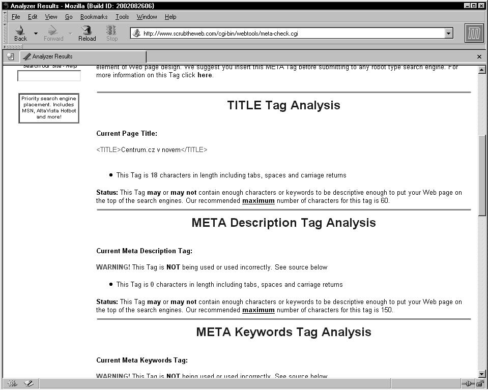 scrubtheweb. com/abs/meta-check.html najdeme službu nazvanou META Tag Analyzer (viz obr.