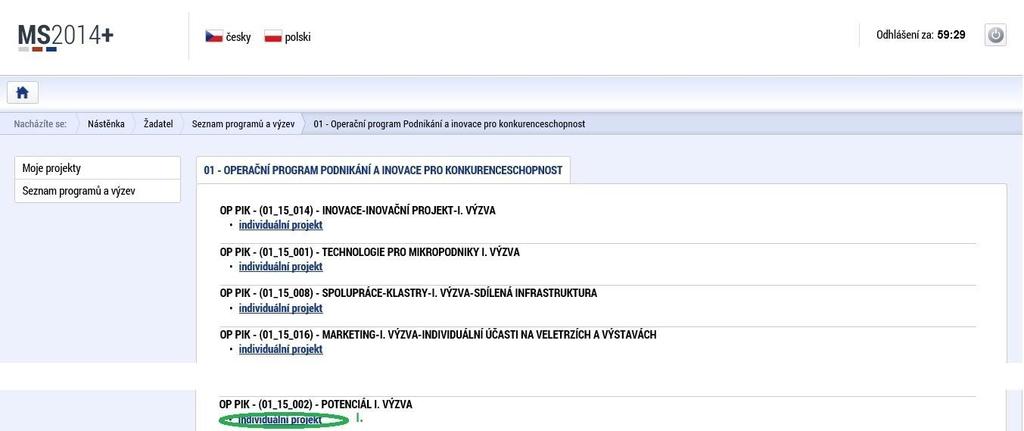 Pokračujete kliknutím na odkaz individuální projekt u OP PIK-