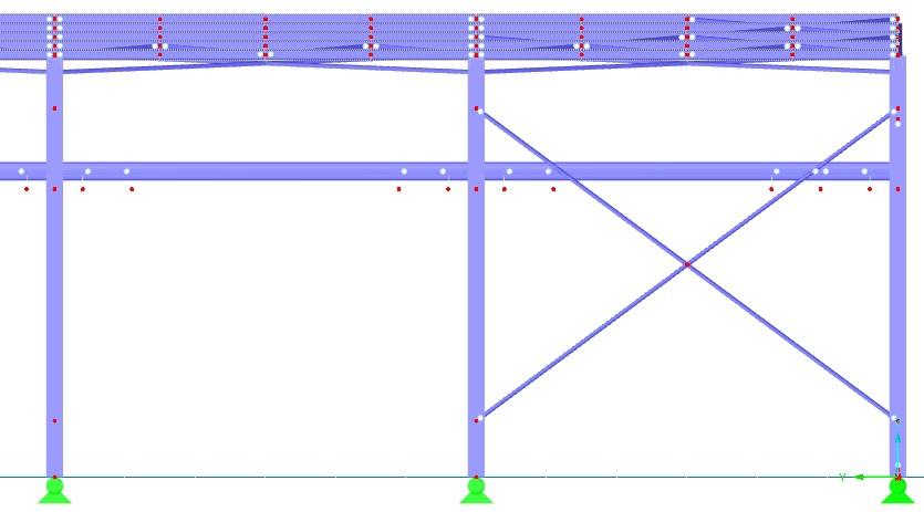 stěn, sekundární zavětrování střešní konstrukce a zavětrování jeřábové dráhy. Uspořádání celé konstrukce je patrné z obr., a, které znázorňují pohledy na halu ve směru hlavních os modelu.