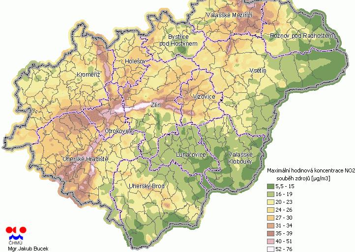 Z výše uvedených hodnot je zřejmé, že roční průměrné koncentrace oxidu dusičitého v okolí této stanice dosahují úrovně do 44% imisního limitu (LV=40 µg.