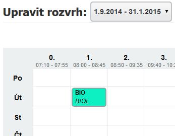 příslušné buňky (symbolizující v daném dnu konkrétní výukovou hodinu) tabulky formuláře rozvrhu.