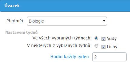 Úvazková karta, zobrazená k danému předmětu po klepnutí na příkaz Upravit v kontextovém menu (u nasazené hodiny v rozvrhu).