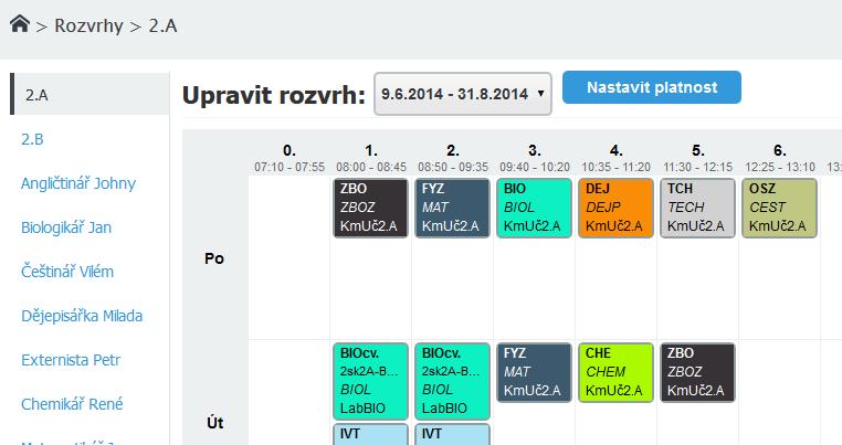 Propojenost verze úvazků s verzí rozvrhu: Této verzi rozvrhu (platné pro období 9.6.2014-31.8.2014).