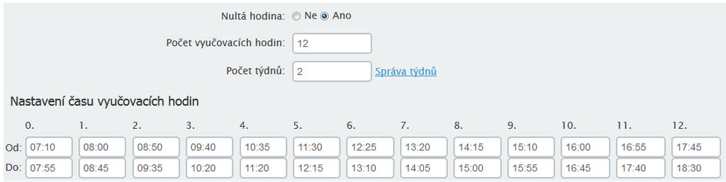Příklad 1: ZŠ má přednastavené v probíhajícím období, že nepoužívá 0-tou hodinu, počet vyučovacích hodin má přednastaveno na 1-9 a počet týdnu (opakování rozvrhu) je nastaveno na hodnotu 1 (tedy