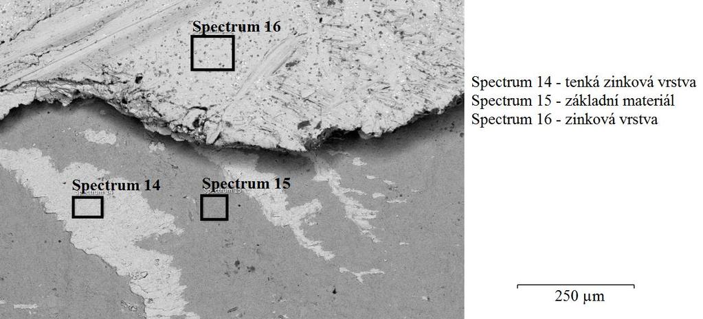 Chemická mikroanalýza byla provedena i na vzorku G s povrchovou úpravou žárového zinku, na kterém byla nalezena odloupnutá povrchová vrstva (obr. 76).