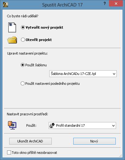 Start ArchiCADu: Při stratu ArchiCADu nás vítá úvodní dialog, který nám dává na výběr, zda chceme pracovat na novém projektu nebo se vrátit k již započaté práci.