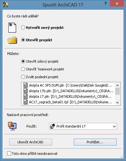 V případě otevření již existujícího projektu můžeme využít nabídky naposledy otevřených projektů2 nebo se nechat navigovat do Dokumentů a svůj projekt najít na svém úložišti.