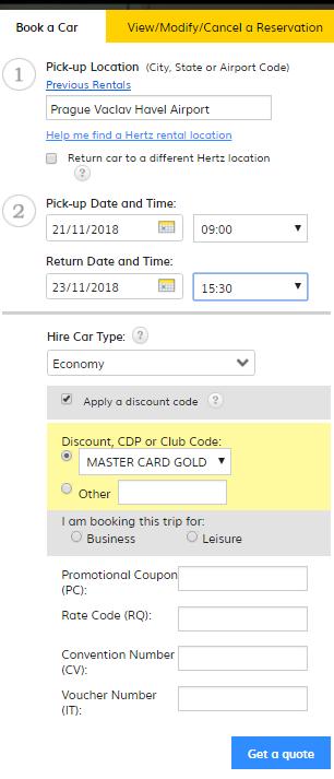 Hertz podrobný návod na registraci Online rezervace Po přihlášení zadejte údaje potřebné pro rezervaci. Slevy v rámci věrnostního programu Gold Plus Rewards se uplatňují automaticky.
