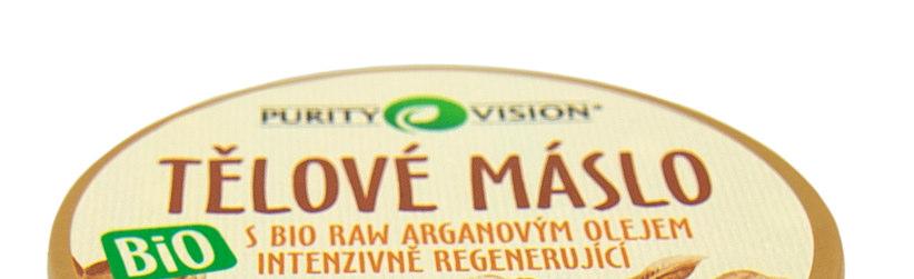Bio Tělové máslo s Raw Bio Arganovým olejem Intenzivně regeneruje Chrání Vyživuje Hydratuje Péče o pokožku Masáže Koupele Poopalovací péče Bio Tělové máslo PURITY VISION obsahuje pouze ty