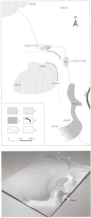 Obr. 39. Wrocław-Oporów plán lokality (podle Wiśniewski 2006). Zvířecí pozůstatky jsou zde zastoupeny fragmenty paroží a kostí soba (Rangifer tarandus) (Wiszniowska et al.
