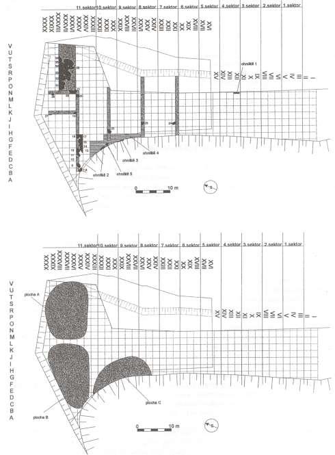 Obr. 31. Račiněves, okr. Litoměřice. Celkový plán výzkumu. Nahoře poloha jednotlivých sond a objektů; dole rozloha základních nálezových ploch pokus o rekonstrukci (podle Fridrich 2002).