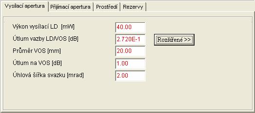 Pole pro zadávání vstupních parametrů FSO: - pole slouží pro zadávání vstupních parametrů optického spoje FSO pro který chceme realizovat výpočet energetické bilance FSO.