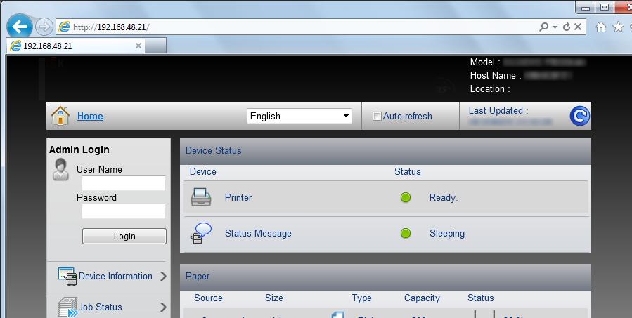 Přístup do Embedded Web Server RX 1 Spusťte webový prohlížeč. 2 Zadejte IP adresu nebo název hostitele do lišty pro adresu nebo umístění. Příklady: https://192.168.48.