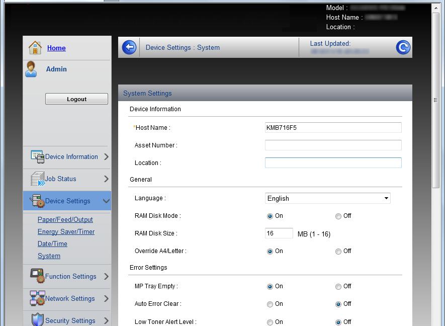 Změna Informací o zařízení Proveďte úpravu informací o zařízení. 1 Podle návodu v Přístup do Embedded Web Server RX na straně 3-8 spusťte Embedded Web Server RX.