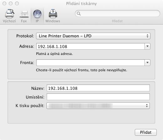 8 Klikněte na symbol plus (+) a přidejte instalovaný ovladač tiskárny.