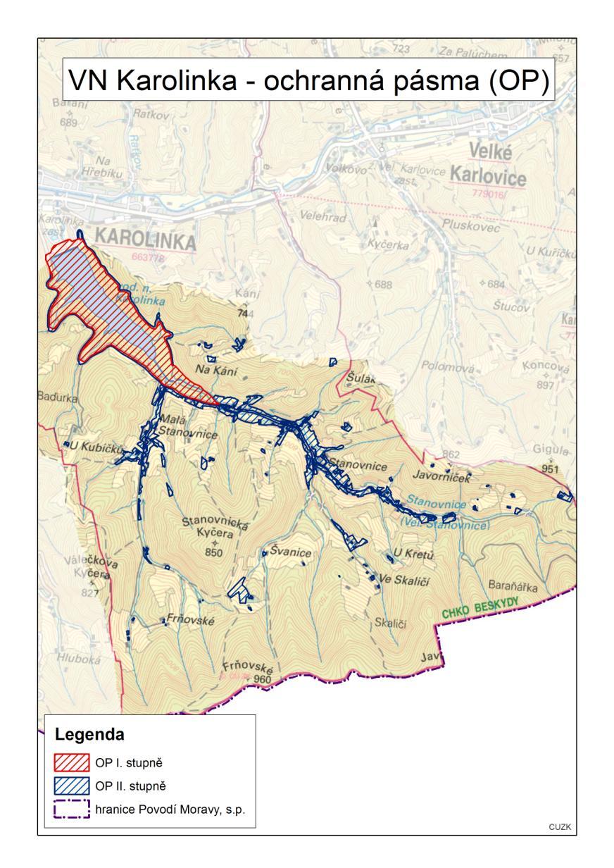 Stávající ochranná pásma (OP) vyhlášena rozhodnutím v roce 2003 OPI: max.