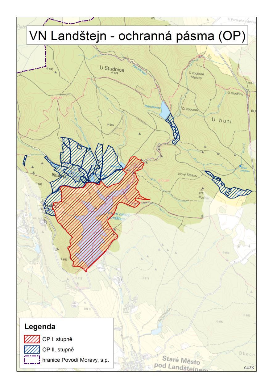 Stávající ochranná pásma (OP) vyhlášena rozhodnutím v roce 1998 (OPI) a 2008 (OPII) OPI: max.