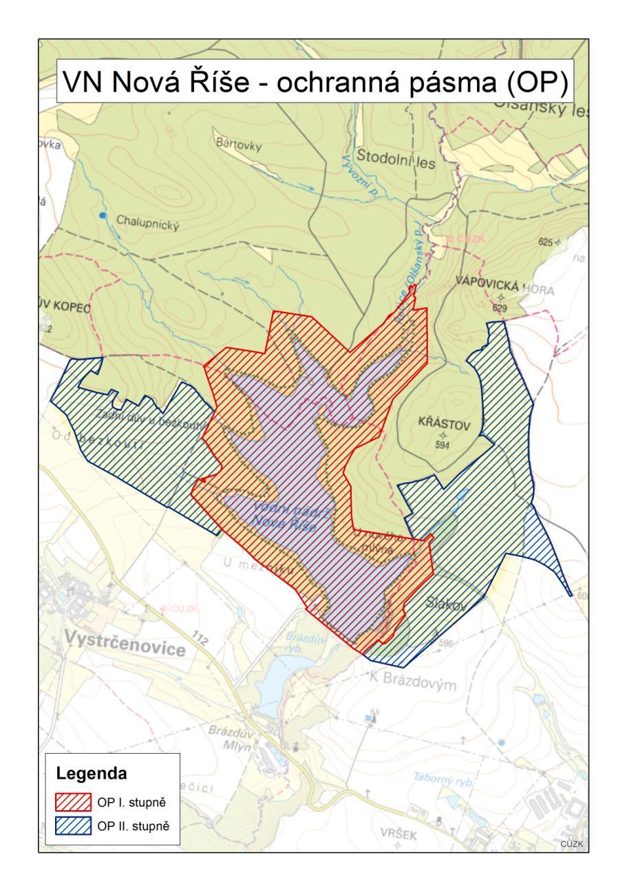Stávající ochranná pásma (OP) vyhlášena rozhodnutím v roce 2001 OPI: max.