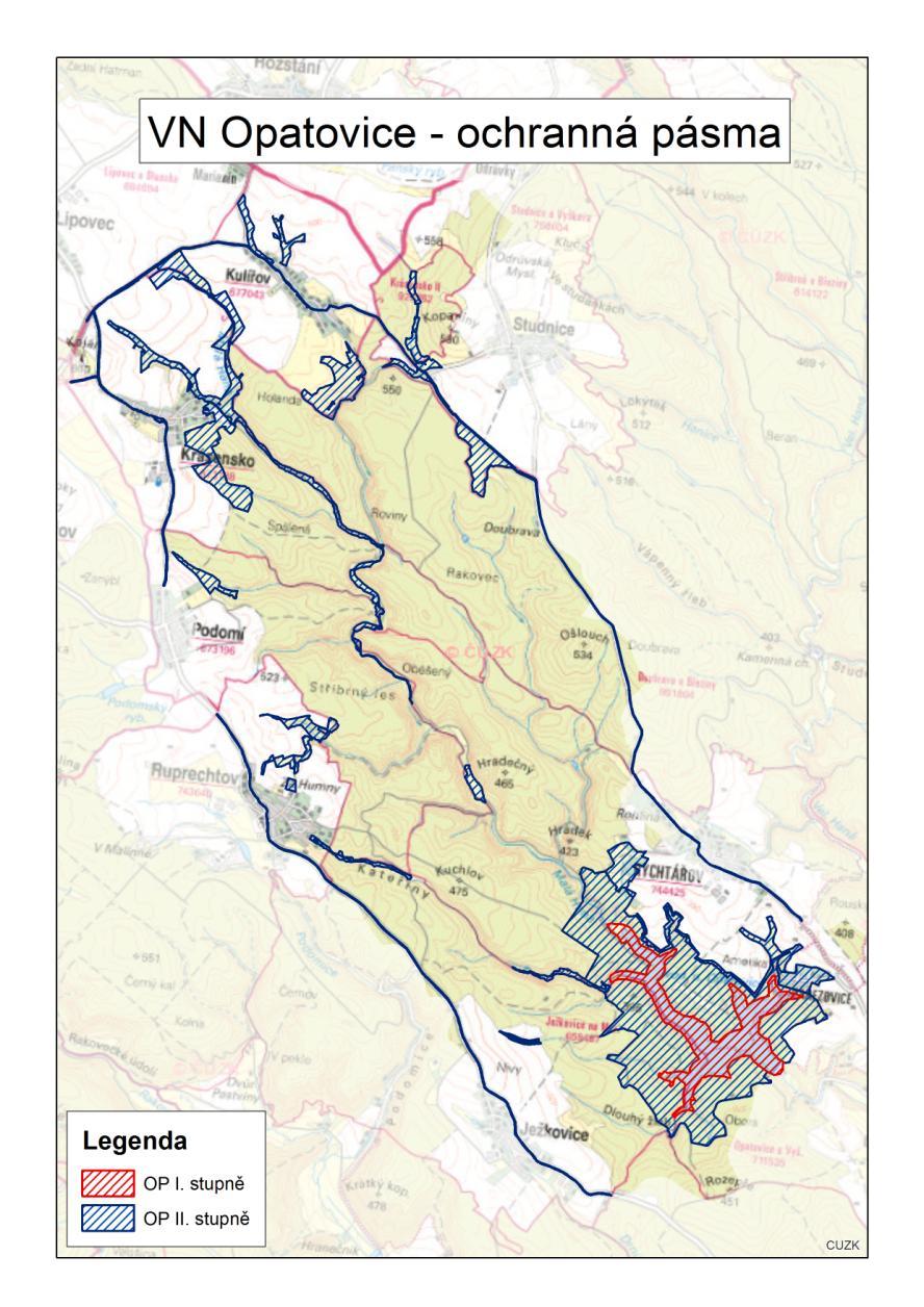 Stávající ochranná pásma (OP) vyhlášena rozhodnutím v roce 2006 a společně vyhlášeno omezení obecného nakládání s povrchovými vodami