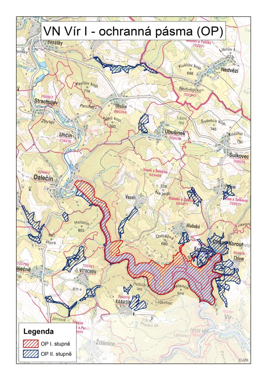 Stávající ochranná pásma (OP) vyhlášena opatřením obecné povahy v roce 2013 OPI: max.